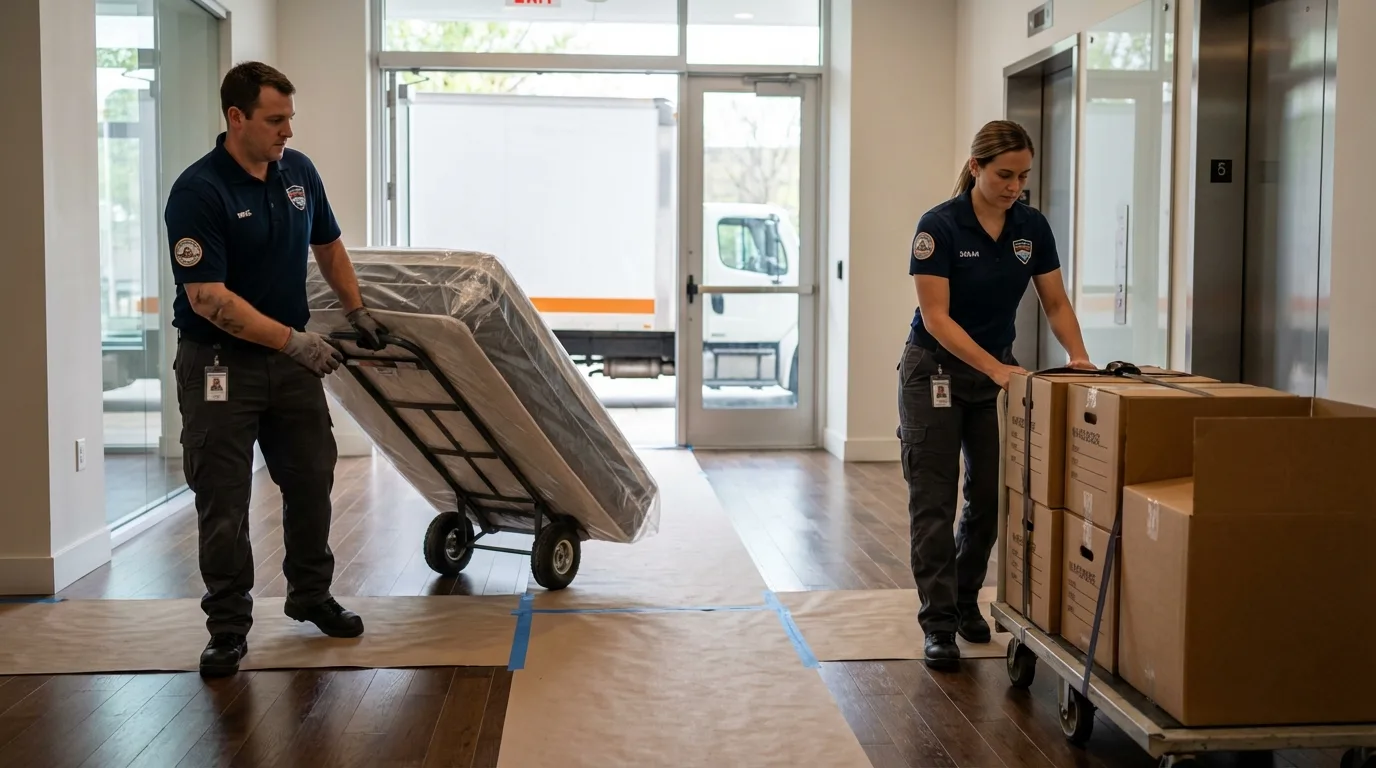Professional apartment movers loading elevator in Hyde Park, UT